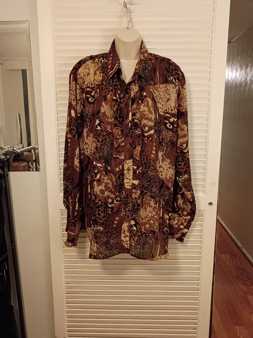 Brown Printed Ruffle-Front Button Down Blouse - Picture 2 of 7